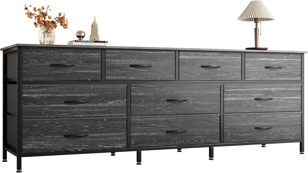 Huuger 63 Inch Dresser for Bedroom, Long Dresser with 10 Fabric Drawers, Large TV Stand for 55, 65, 70 Inch TV, Toy Storage Organizer for Closet, Charcoal Black Wood Grain Print