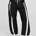 Fisoew Women's Baggy Wide Leg Pants Casual Drawstring Elastic Waisted Contrast Color Workout Y2K Track Pants (Black, S)