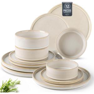 AmorArc Ceramic Dinnerware Sets, Handmade Reactive Glaze Stoneware Plates and Bowls Sets,Highly Chip and Crack Resistant | Dishwasher & Microwave Safe Dishes Set, Service for 4 (12pc) (Vanilla White)