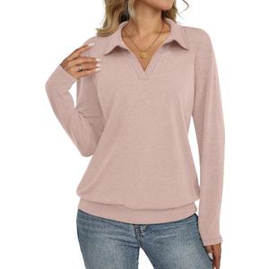 TICTICMISS Womens Polo Shirts Long Sleeve Banded Bottom Tops Business Casual Tops Collared V Neck Blouses (L)