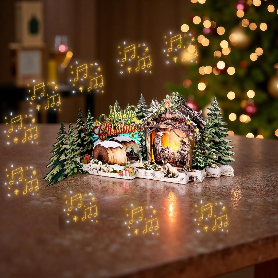 Musical 3D Pop-Up Christmas Card with LED Lights  Plays Joy to The World, Holy Night Scene with Baby Jesus, Mary and Joseph, LED Holiday Greeting Card with Envelope & Note Card