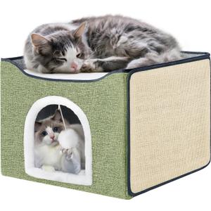 Purr&Knead Cat Bed for Indoor Cats with Large Replaceable Scratch Pad, Cat Cave with Hanging Toy Ball, Foldable Cat Hideaway, Covered Cat Bed Cave for Cat House(Green)