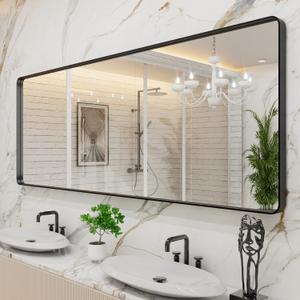 LOAAO 84x32 Inch Black Metal Framed Bathroom Mirror for Wall, Matte Black Bathroom Vanity Mirror Farmhouse, Large Rounded Rectangle Mirror, Anti-Rust, Tempered Glass, Hangs Horizontally or Vertically