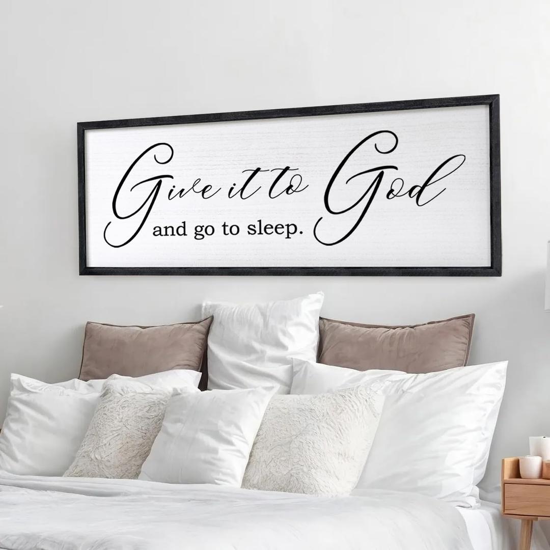Give It to God and Go to Sleep Wall Art: 40 x 15 Inch Framed Christian-Inspired Quote Sign, Large Farmhouse Bedroom Wall Decor for Above Bed, Rustic Wood Wall Hanging, Black Frame