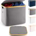 LONBET 13 Gal. Collapsible Laundry Baskets With Lid & Breathable Fabric Aesthetic Laundry Hamper with Bamboo Frame - Usable as Storage Bins with Lids, Efficient Sorting, Gray
