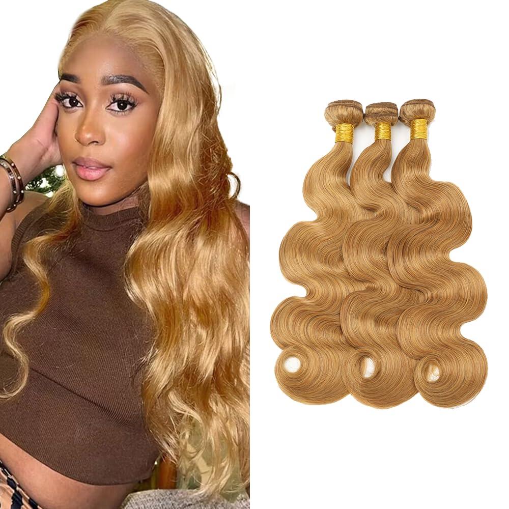 #27 Blonde Bundles Body Wave Human Hair Bundles 30 32 34 Inch Unprocessed Brazilian Virgin Hair Weave Body Wave Human Hair Extensions Honey Blonde Bundle 3 Bundles 50 Grams Per Bundle For Woman