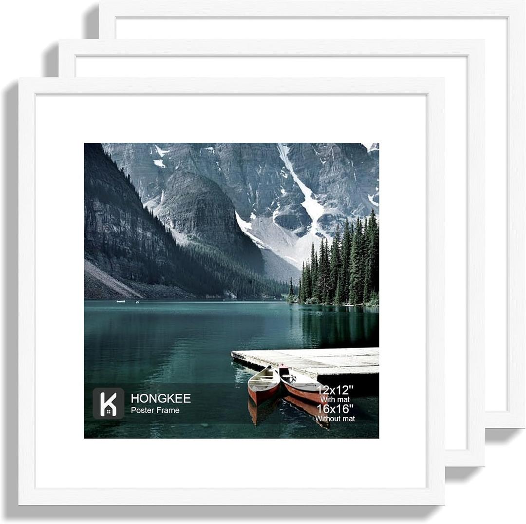 Hongkee 16x16 Square Frame Set of 3 - Display 12x12 Photo with Mat or 16 x 16 Poster without Mat, Wall Mounting Horizontal and Vertical, White