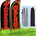 Buryeah 2 Sets Barbecue BBQ Open Feather Flag Kit 8 ft Barbecue Flag Banner with Pole Ground Stake and Portable Bag for Restaurant BBQ Sign Business Advertising Outside Ground(Black)