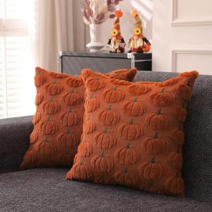 Fall Pillow Covers 18x18 inch Set of 2 for Fall Decorations Autumn Rust Embroidered Pumpkin Soft Plush Faux Fur Wool Throw Pillow Cushion Covers for Sofa Living Room Couch Bed Home Decor