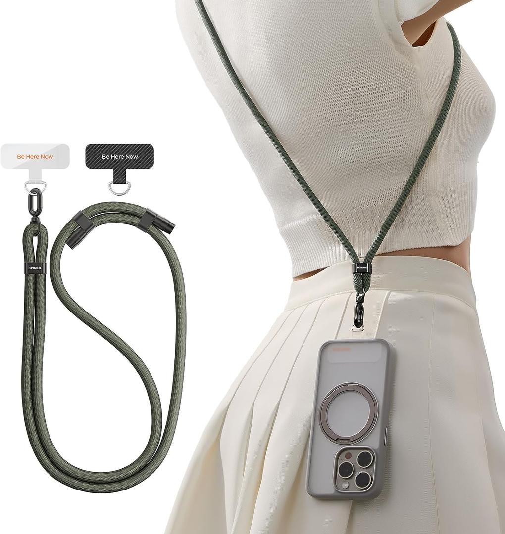 TORRAS Phone Lanyard Crossbody with 2 Phone Tabs, Adjustable Anti Theft Phone Strap for All Phones, Premium Metal Buckles, Skin-Friendly, Universal Phone Neck lanyard for Women and Men, Olive Green, 14inchs-30inchs