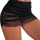 OYOANGLE Women's Mesh Sheer High Waisted Ruched Short Swim Skirt Swimsuit Bikini Bottoms (Large, Black)