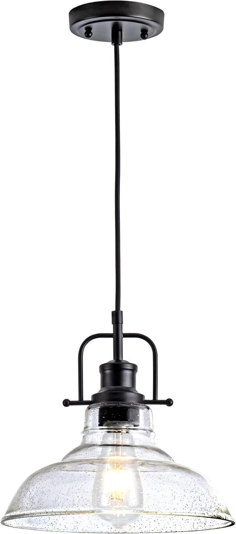 Zlepmlla Glass Pendant LightBlack Pendant Light Fixtures with Seeded Glass Shade, Adjustable Height Hanging Lights for Hallway, Kitchen Island, Dinning RoomBulb not Included
