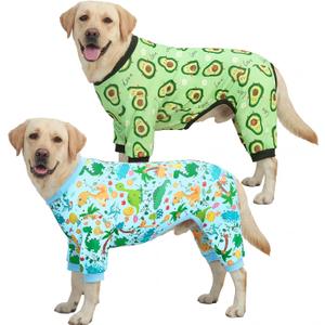XPUDAC 2 Pack Dog Pajamas for Large Breeds, 4-Way Stretch Soft Dog Onesie Lightweight Warm Pet Clothes Jammies for Large Breeds Dinosaur Avocado Print, 8XL 