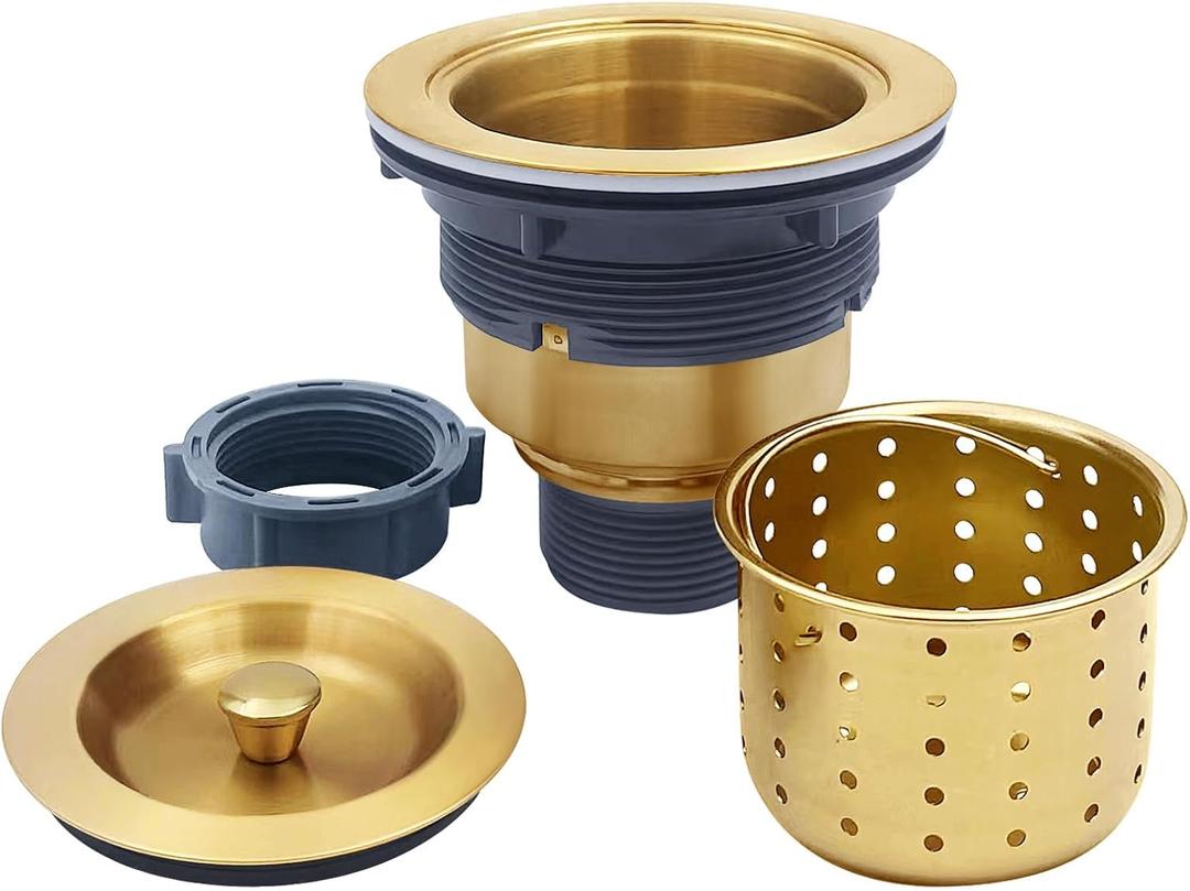 3-1/2-Inch Kitchen Sink Drain Strainer Assembly Kit, GZILA Deep Waste Basket Strainer with Sealing Lid Sink Stopper, 304 Stainless Steel Brushed Gold