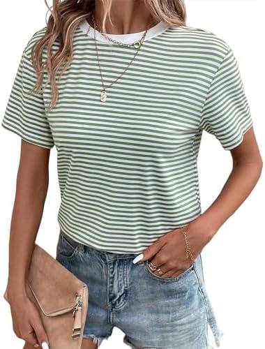 Dsewpaur Women Casual Striped Print Short Sleeve T Shirts Crew Neck Loose Fit Going Out Tee Tops Summer 2025 Cloth S