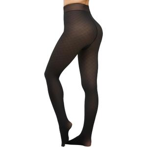Fleece Lined Tights Women Sheer Warm Pantyhose Leggings Fake Translucent Thermal Winter Thick Tights for Dresses (Medium, Grid)