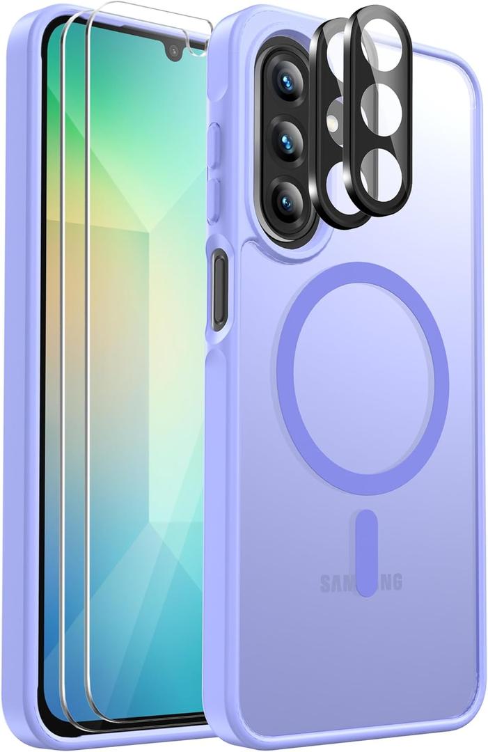 for Samsung Galaxy A26 5G Phone Case Magnetic Shockproof, [Fit for MagSafe] [Glass Screen Protector + Camera Lens Protector] Translucent Anti-Fingerprint Case for Samsung Galaxy A26 5G (Light Purple)