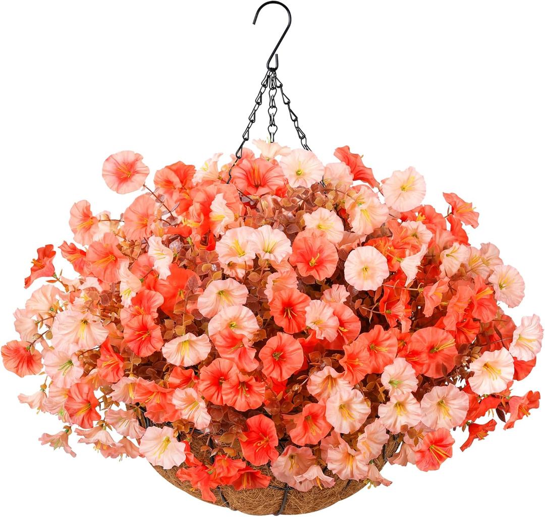 Artificial Fall Flowers Fake Hanging Plants Flowers Basket for Outdoors Autumn Decoration, Silk Morning Glory with Eucalyptus Look Real UV Resistant Faux Flowers for Outside Porch Patio Balcony, Mix (2 Multi Color(6 Orange, 6 Light Orange))