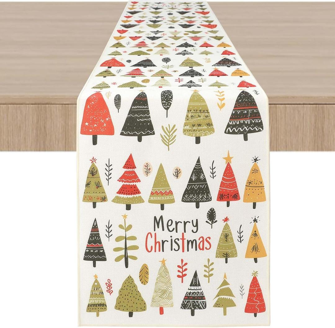OWENIE Christmas Trees Table Runner for Kitchen Dining Table, Watercolor Print Christmas Tree Runner for Winter Xmas Holiday Decor, 13x72 Inch, Washable