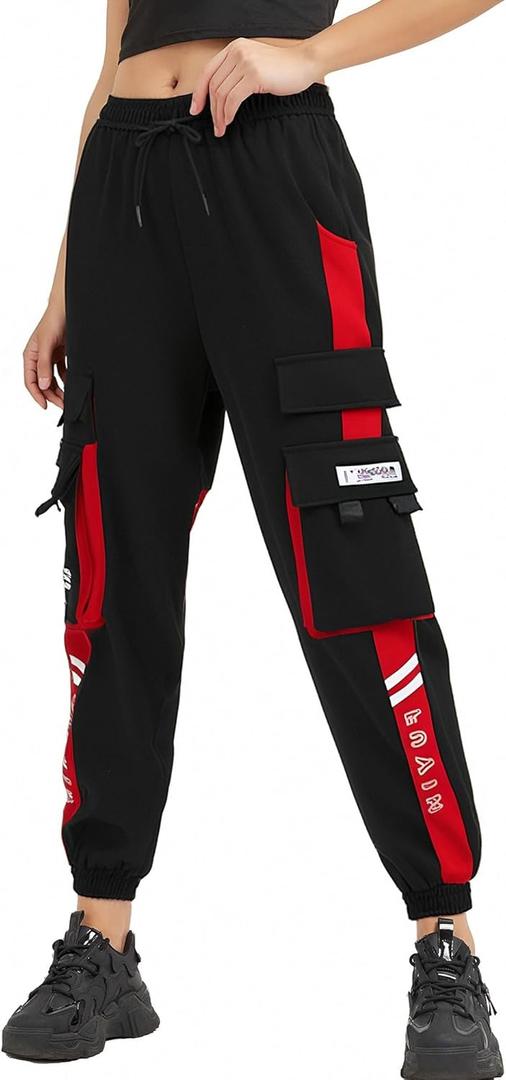 MEINVQIAOTI Black Cargo Pants for Women Straight Hip-hop and Thin Casual Techwear Women Baggy Pants (XX-Large, Red)