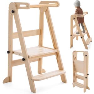 Foldable Toddler Tower - Kitchen Step Stool Helper for Kids 1-6 Years, Montessori Toddler Standing Tower with 3 Adjustable Height for Kitchen Counter Bathroom (Natural)