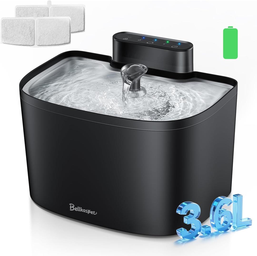 Cat Water Fountain, 122oz/3.6L Pumpless Wireless Cat Fountain, Cordless Water Fountains for Cats Indoor, Dog Pet Water Fountain Battery Operated with Stainless Steel Tray (Black, Fountain+2 Fliters)