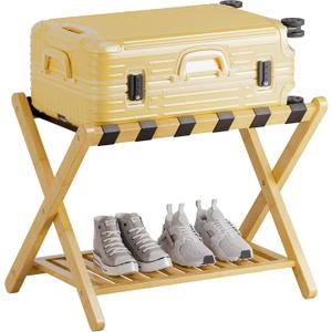 SMIBUY Luggage Rack, Foldable Bamboo Suitcase Stand with Storage Shelf for Guest Room, Bedroom, Hotel, Heavy-Duty, 1 Pack (Natural)
