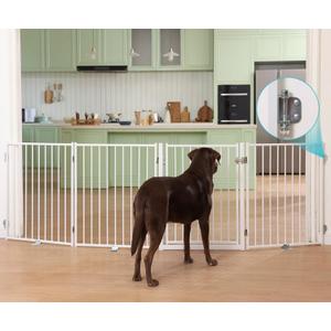 No Pawblems Free Standing Dog Gate with Door, 30'' Tall Foldable Dog Fence for Indoor & Outdoor, Up to 104 Inch Extra Wide Puppy Gate for Stairs, Hallways, Doorways, Deck, Yard (White, 4 Panels)