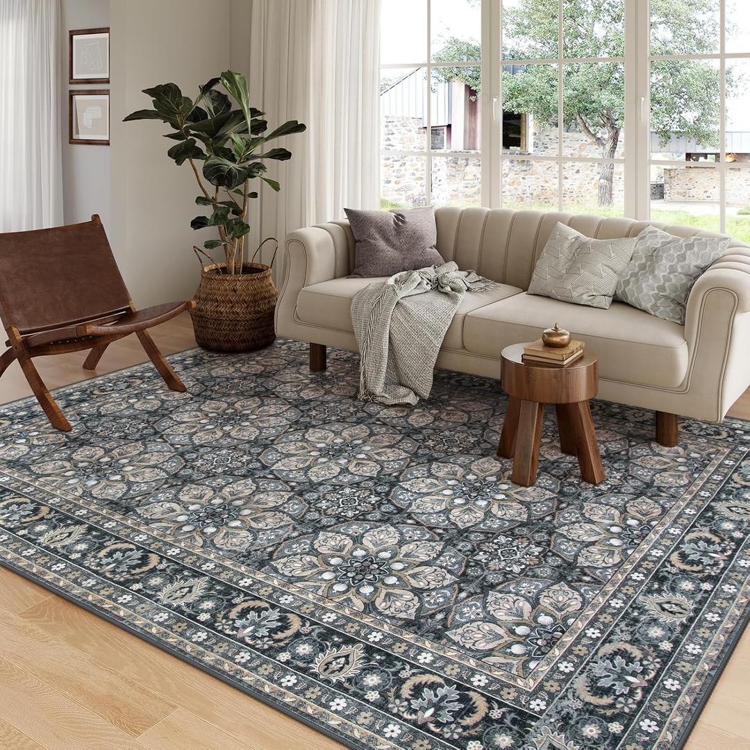 Lahome Area Rugs 9x12 Living Room,Soft Washable Black Rugs for Bedroom Aesthetic,Dining Room Rugs for Under Table,Vintage Mandala Non-Slip Carpet for Classroom Home Office(9'x12',Black)