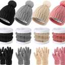Suhine 16 Pcs Winter Beanie Hat Scarf Gloves Set Women Winter Knitted Hat Circle Scarves Touchscreen Gloves Earmuffs (Black,pink, Beige,gray)