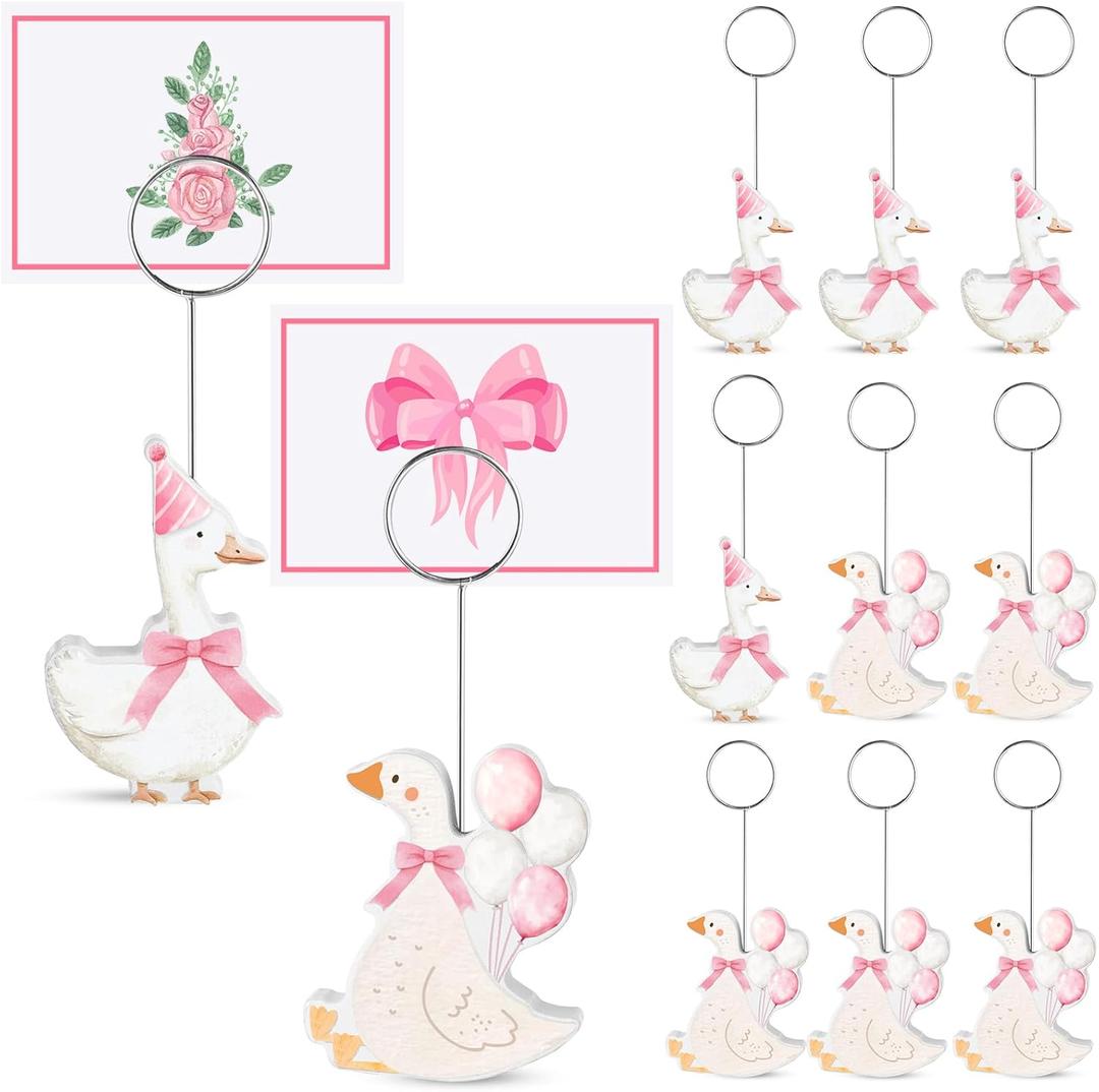 Honoson 12 Pcs Wooden Silly Goose Place Card Holders Double Sided Cute Silly Goose Pattern Table Number Holder Photo Menu Memo Clips Decor for Theme Birthday Party Baby Shower Party