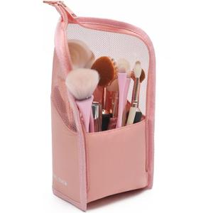 Makeup Brush Travel Case Stand Up, High Capacity Makeup Organizer Portable Travel Makeup Brush Holder (Pink)