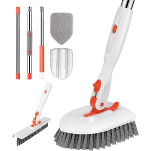 SetSail 4-in-1 Tile Tub Floor Scrubber with 52-inch Adjustable Long Handle Shower Cleaner Brush with V-Shaped Grout Brush and 3 Replacement Brush Heads for Cleaning Bathroom Kitchen Walls Tub Tile