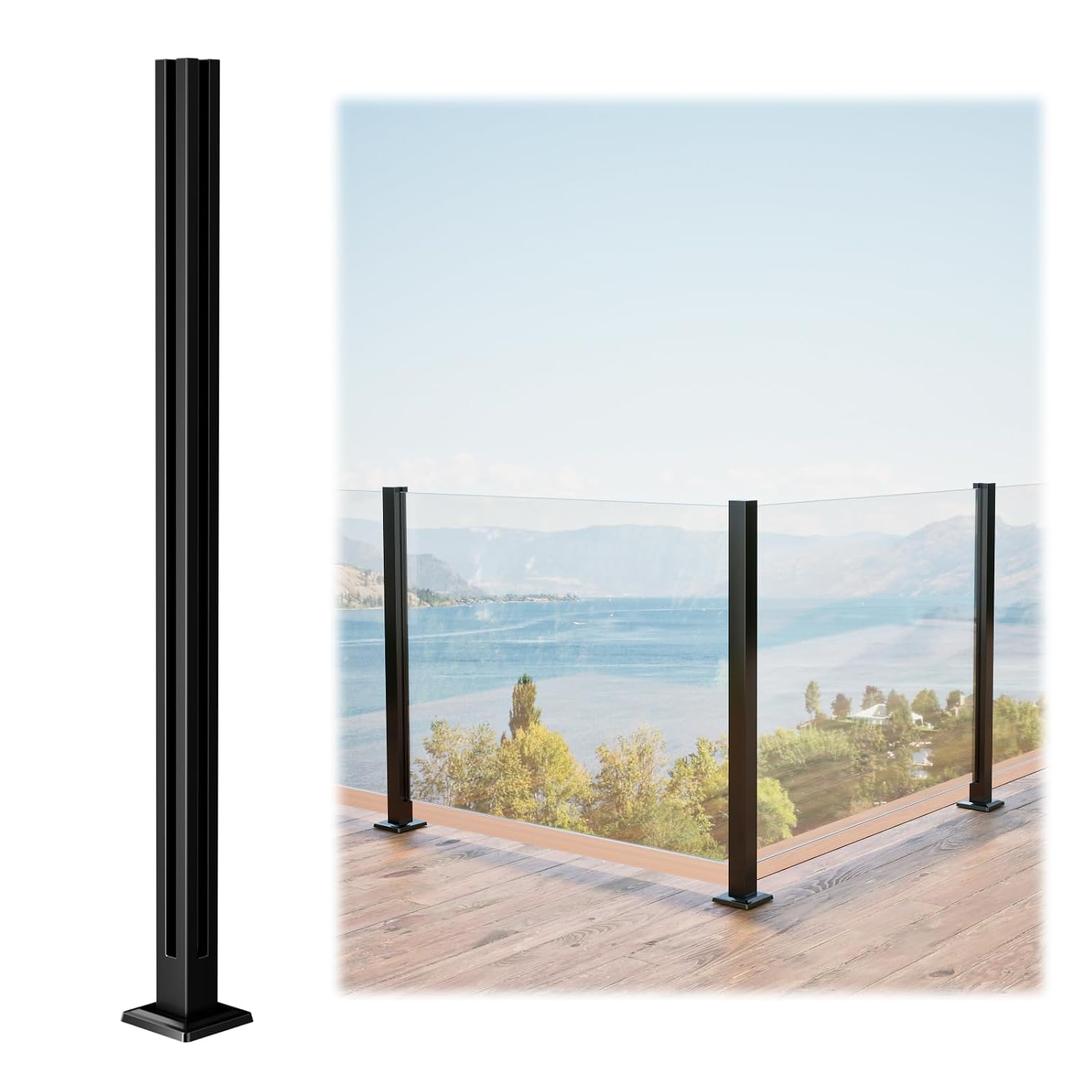 Muzata 1Pack 42"x2"x2" Black Glass Railing Post Corner Post with Bracket for Handrail T304 Stainless Steel with Bracket for Handrail Indoor Outdoor Glass Railing System for Deck Pool GS31 BC4