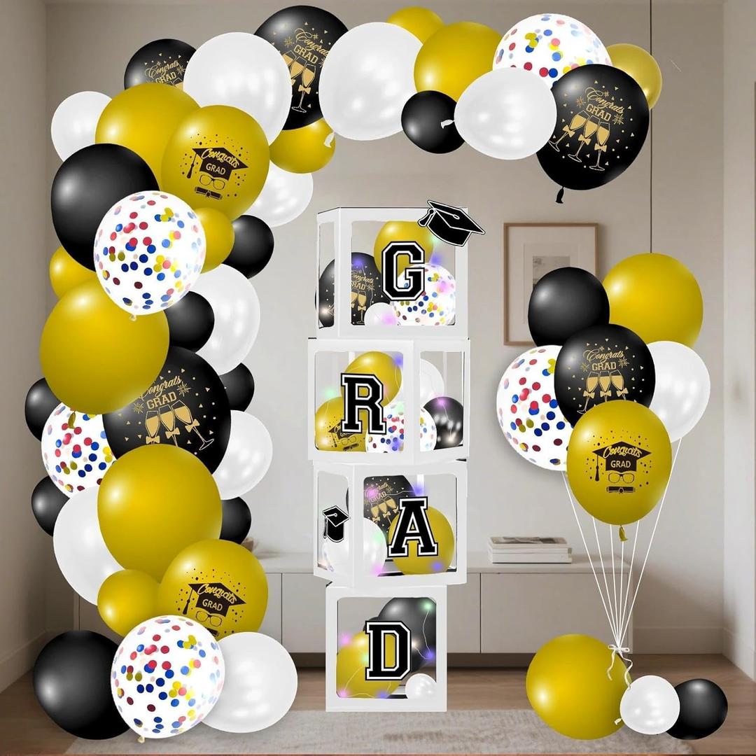 114 Pcs White Graduation Decorations Class of 2026, Balloons Arch Kit 4 Boxes Set Party Supplies Backdrop with So Proud of You Letters 4 Lighted Strings