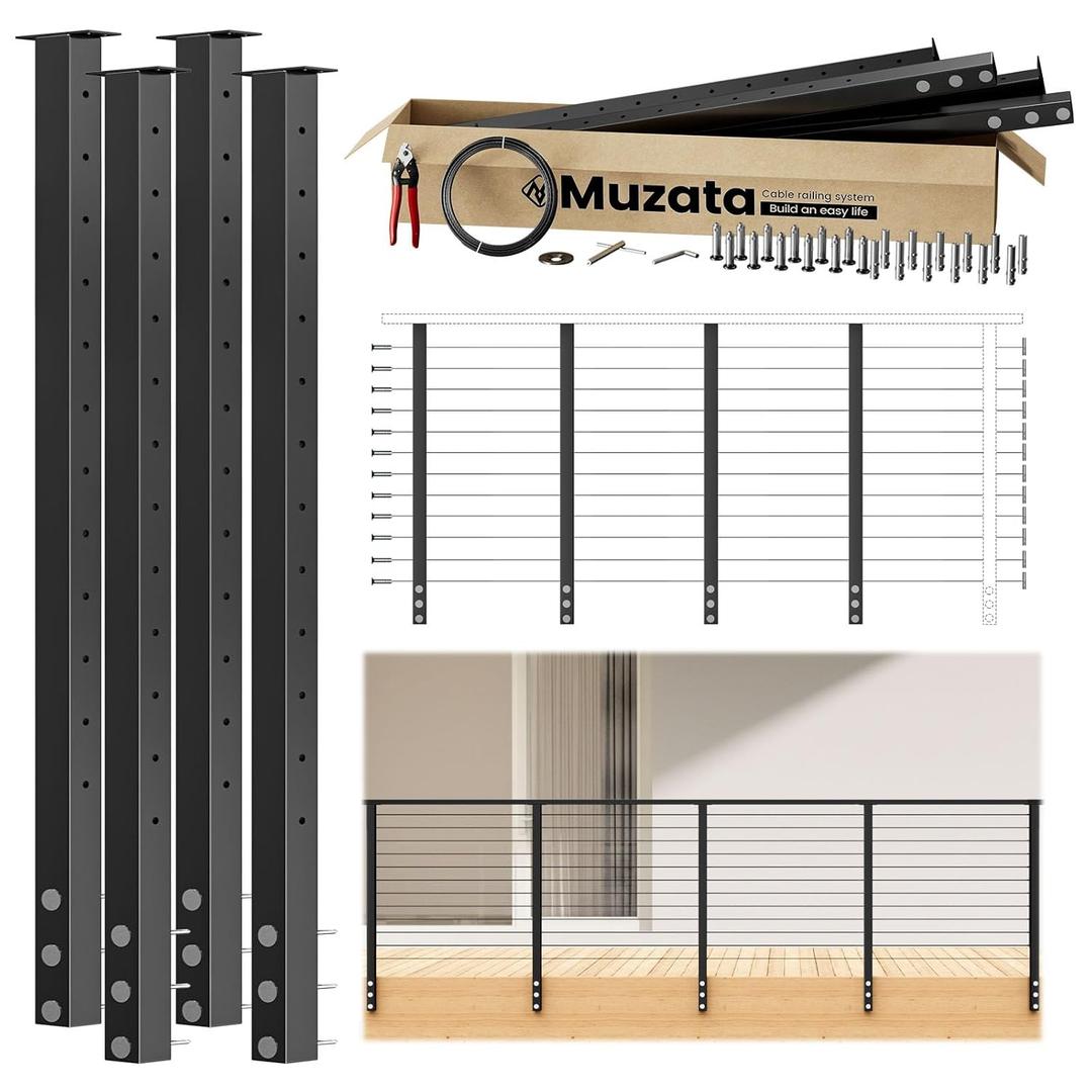 Muzata 12-16ft Side Mount Modular Cable Railing Kit for Decks 42 Inch RW23 | 4 Level Post Kit with Wire Rope & Cable Railing Hardware, No Handrail, Black Cable Railing System, Length Adjustable