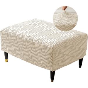 Stretch Ottoman Cover Rectangle, Jacquard Foot Stool Slip Cover, Storage Footstool Furniture Protector with Elastic Band, Footrest Slipcovers Removable Washable(Small,Wave White)