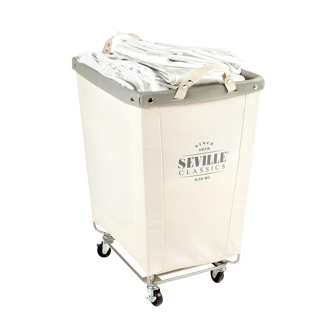 Seville Classics Large Commercial Heavy Duty Rolling Steel Frame Laundry Hamper Canvas Cart Bin, w/Wheels for Hotel, Home, Closet, Bedroom (PATENTED), Cream, 22" D x 16" W