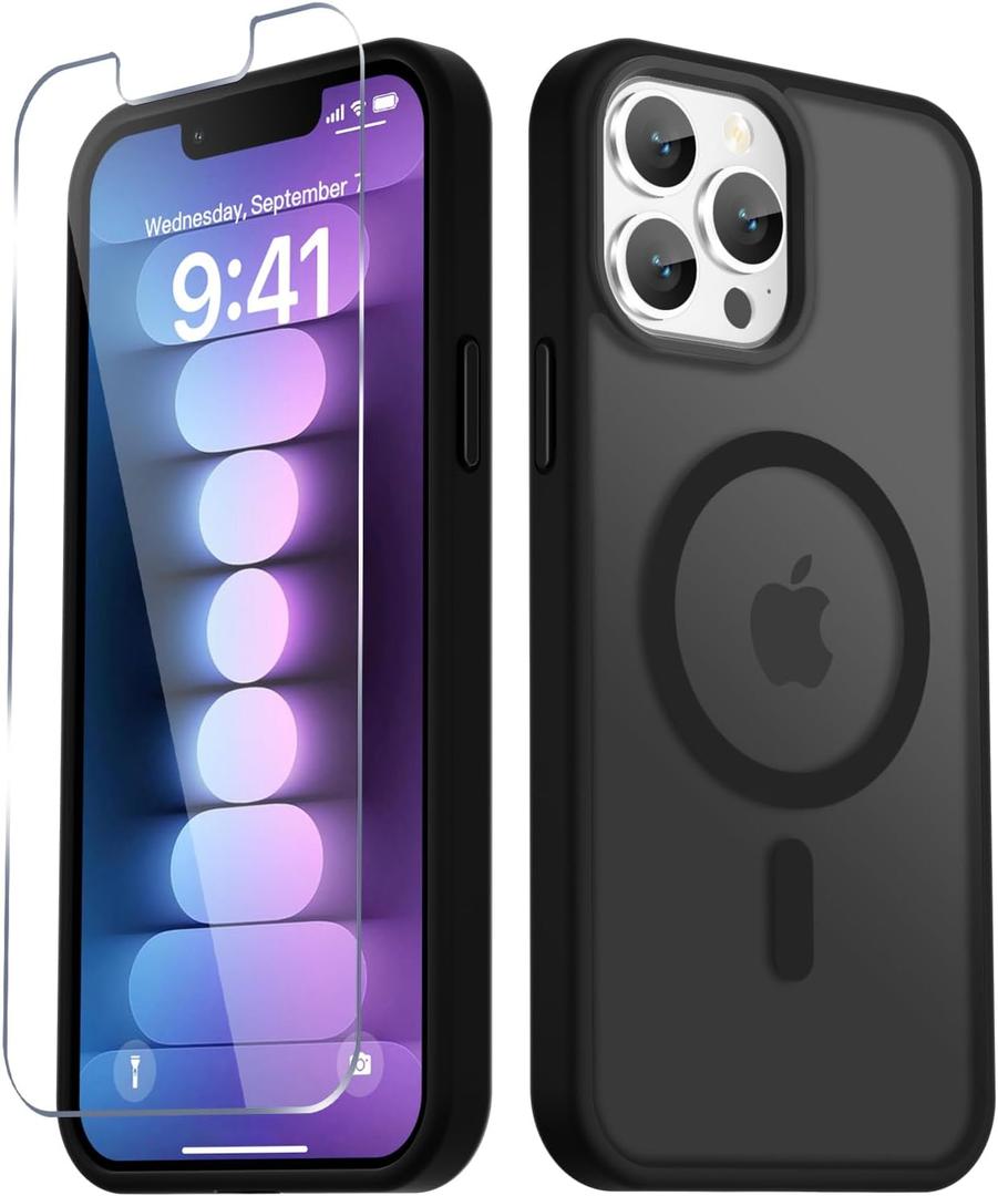 YENAPOON for iPhone 13 Pro Case, Matte Magnetic Phone Cover [with 1 Screen Protector] [Support for MagSafe] [Shockproof Military Grade Protection] Translucent Frosted Back, Black