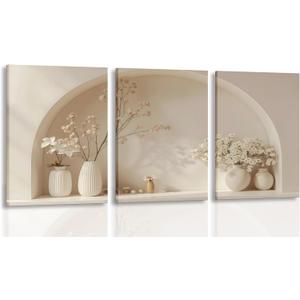 3pcs Framed Canvas Wall Art Arched Wabi Sabi Niche Textured Vases Dried Florals Posters Prints Pictures Paintings Minimalist Warm Beige Wall Decor for Bedroom Living Room Bohemian Decoration, 16x24 Framed