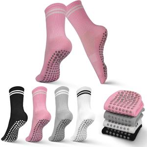 Pilates, Yoga Socks with Non Slip Grips for Women, Crew Grip Sock for Barre Shoes, Pilates Outfit Pack of 4 (6-10, Multicolor)