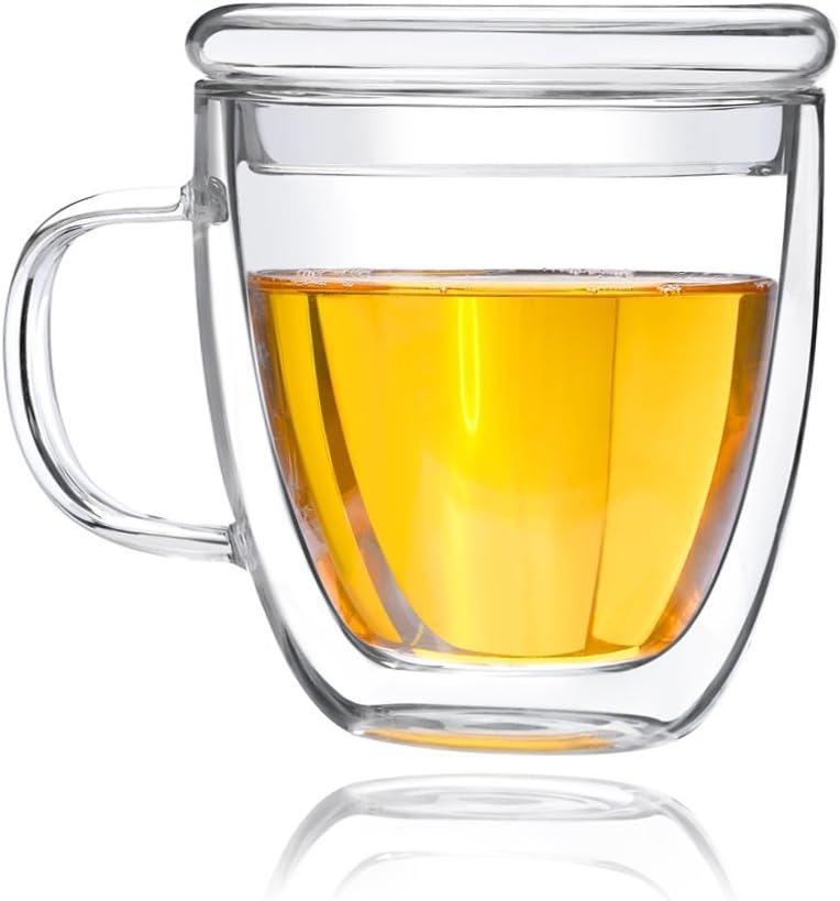 DeFancy Double Wall Coffee Mug 17 oz Insulated Borosilicate Glass Coffee Cup with Handle and Lid
