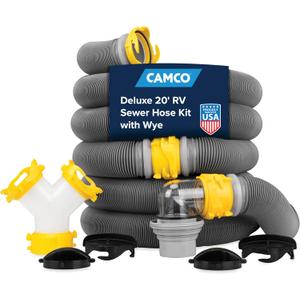 Camco Deluxe 20' Sewer Hose Kit with Swivel Fittings and Wye Connector - Ready To Use Kit Complete with Sewer Wye and Elbow Fittings, Hoses, and Storage Caps (39666)