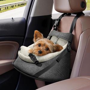YUDODO Small Dog Car Seat Under 7lbs Luxury PU Leather Dog Booster Seat with Safety Belt, Soft Cushion, Can be Used as Pet Front Carrier Backpack Gray (Medium)
