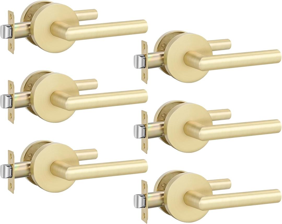 Goldenwarm Gold Closet Door Handles Interior, Brushed Brass Interior Passage Door Handles, Heavy Duty Zinc Alloy Brushed Gold Door Lever for Hall and Closet (6 Pack)