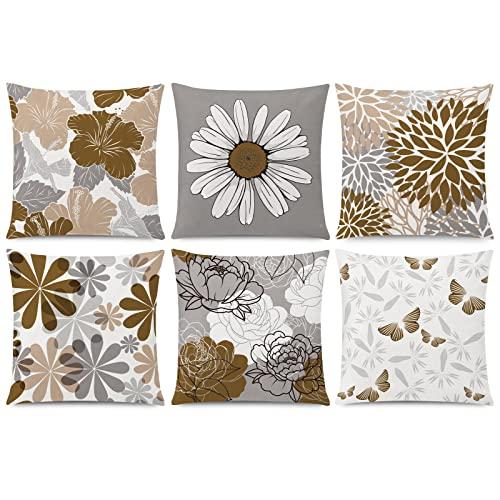 COMMINY Brown Grey Pillow Covers 18x18 Set of 6 Decorative Daisy Flower Throw Pillow Cover for Couch Modern Coffee Pillow Case for Patio Living Room Cushion Bed Farmhouse Home Decor