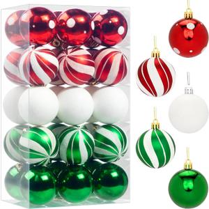 30 Pcs Christmas Ball Ornaments Set, 2.36'' Red Green and White Luxury Hand-Painted Xmas Tree Decoration, Shatterproof Decorative Hanging Ornament Bulk for Party Holiday Wreath Garland Home Dcor