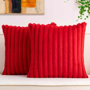 Pack of 2 Faux Fur Christmas Throw Pillow Covers 18x18 Inch, Soft Plush Striped Neutral Couch Pillow Cover, with Velvet Back Modern Home Decor for Sofa Living Room Couch Bed Red