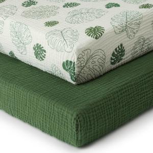 Blissful Diary Muslin Crib Sheets for Girl Boy, Boho Neutral Soft Cotton Baby Sheet for 52''x28'' Standard Crib Mattress, 2 Pack(Monstera & Dark Green)