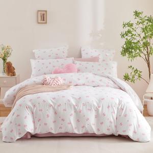 Nayoroom Pink Bow Comforter Set Queen Size Heart Bowknot Printed Coquette Bedding Set 3 Pcs Kids Girls Cute Comforter for All Seasons (1 Comforter, 2 Pillow Shams)